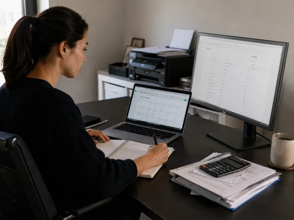 Virtual assistant organizing client expenses and bookkeeping while working from a home office.
