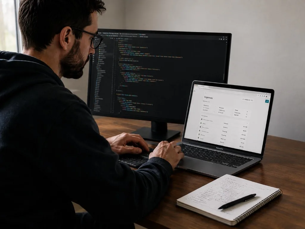 Developer managing business expenses and bookkeeping while working on software code at a home office.