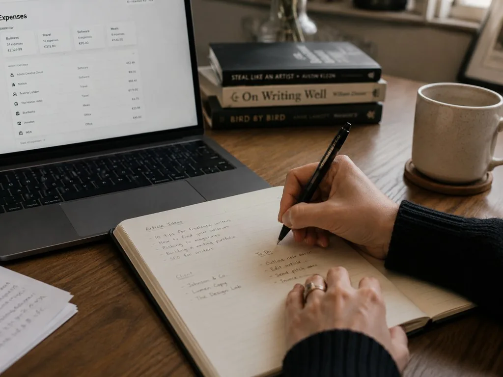 Freelance writer organizing article ideas, tracking business expenses, and managing bookkeeping from a home office.