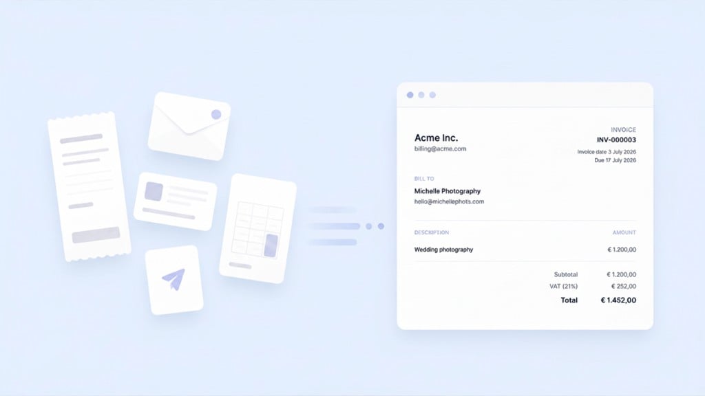 TapBooks invoice list showing sent invoices and payment status matched from bank transactions on a calm workspace screen