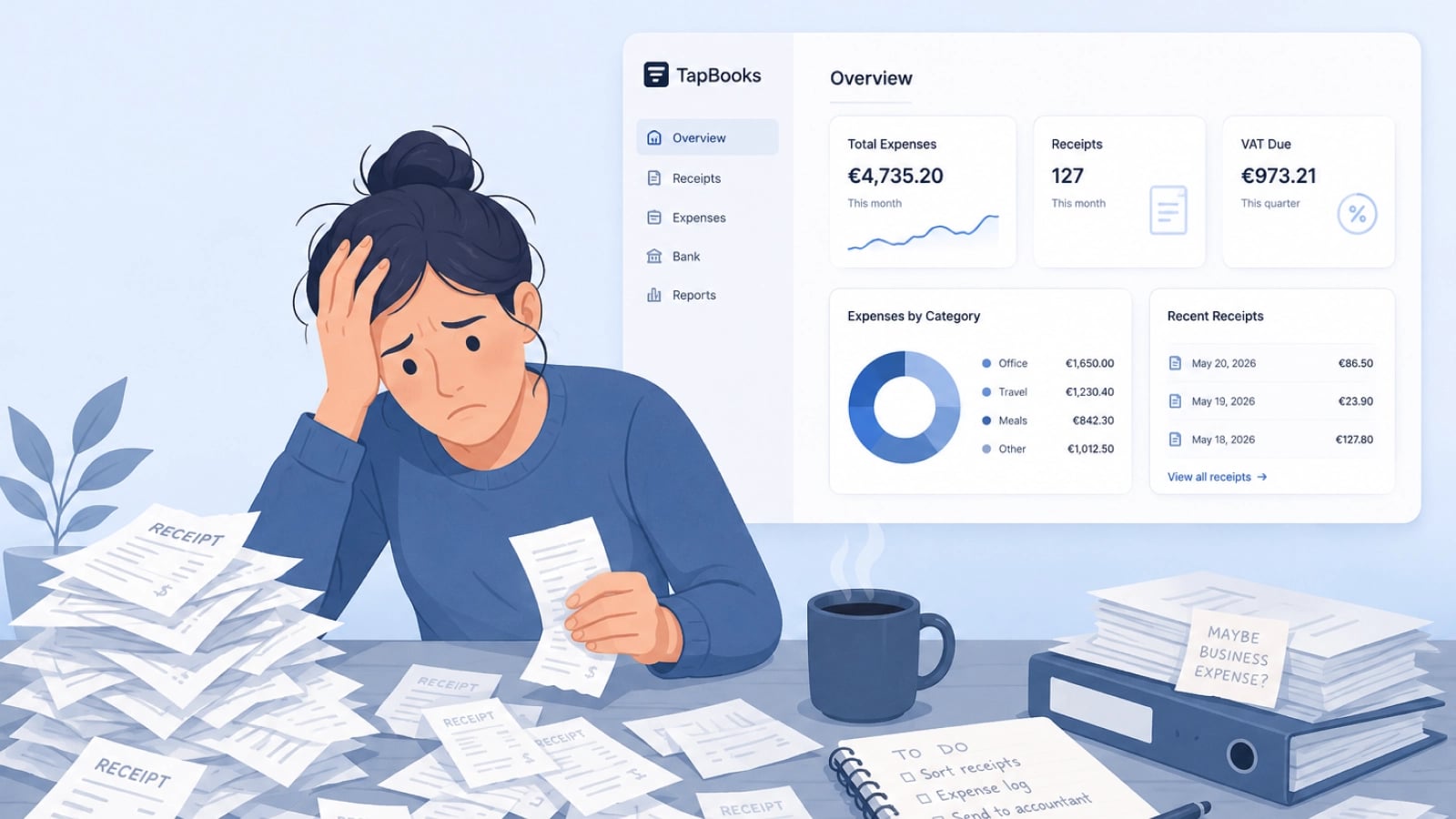 Small business owner focused on customer work while admin tasks wait in the background