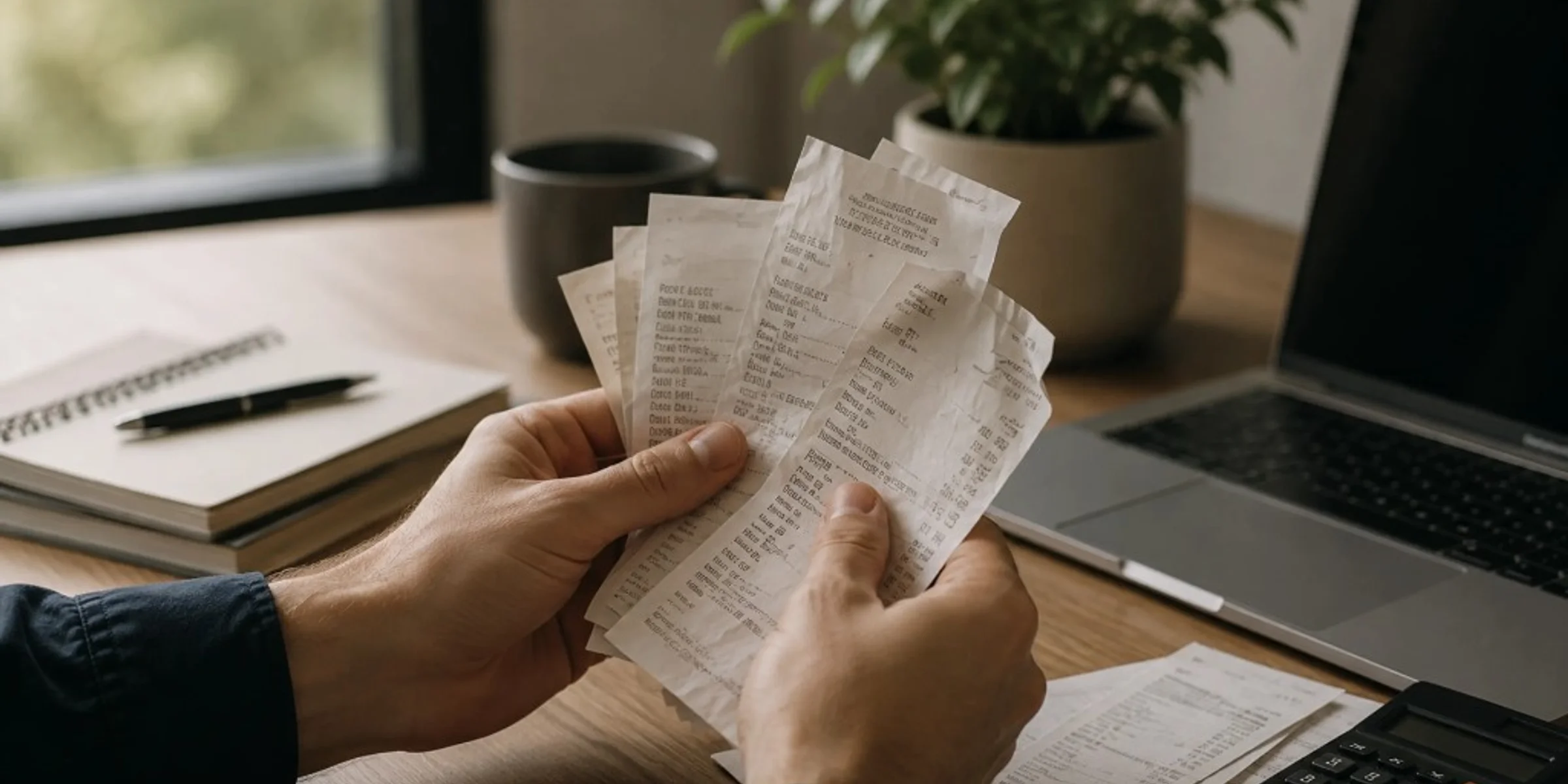 Small business owner reviewing year-labeled archive folders for business receipts