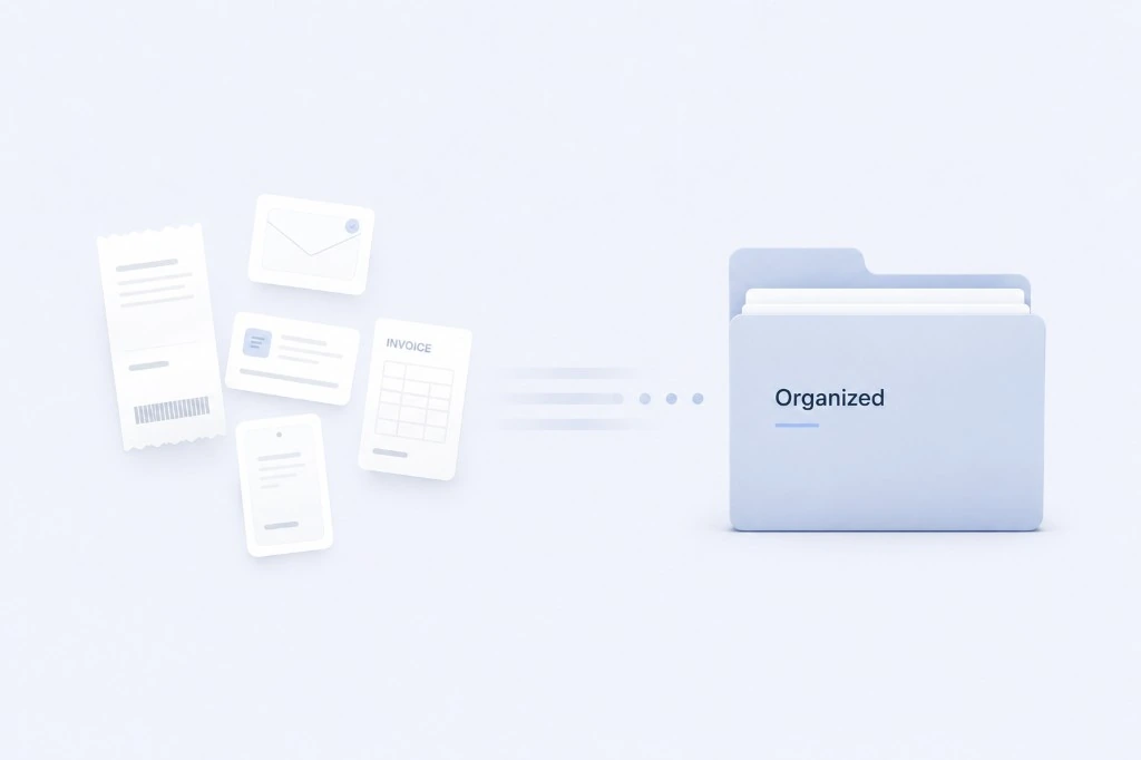 Small business owner sorting receipts into monthly folders at a desk