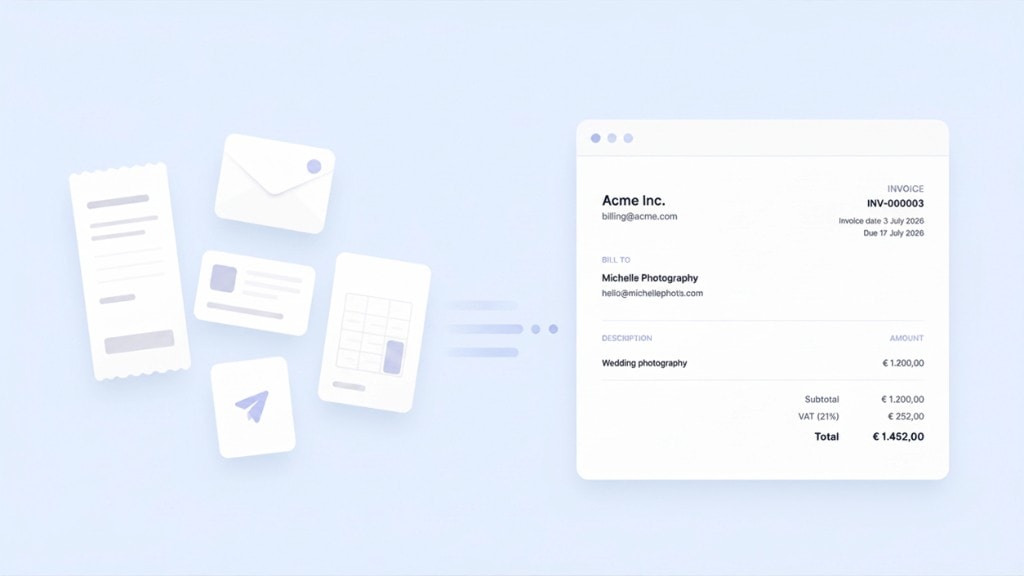 TapBooks invoice list showing sent invoices and payment status matched from bank transactions on a calm workspace screen