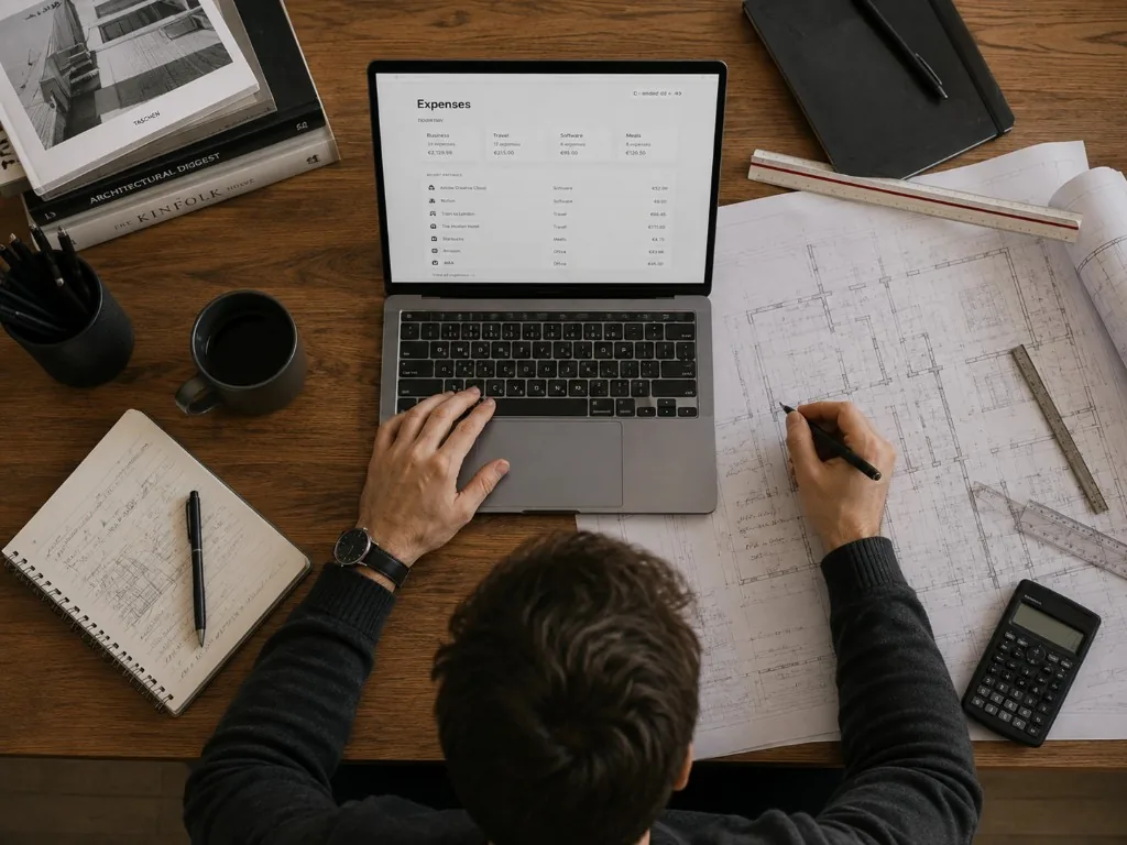 Architect Managing Business Expenses and Bookkeeping Architect managing business expenses and bookkeeping with architectural plans and laptop