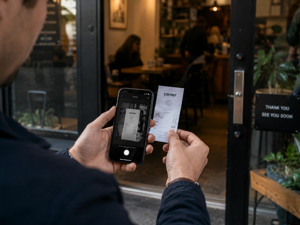 Freelancer scanning a cafe receipt with TapBooks on a phone between client meetings