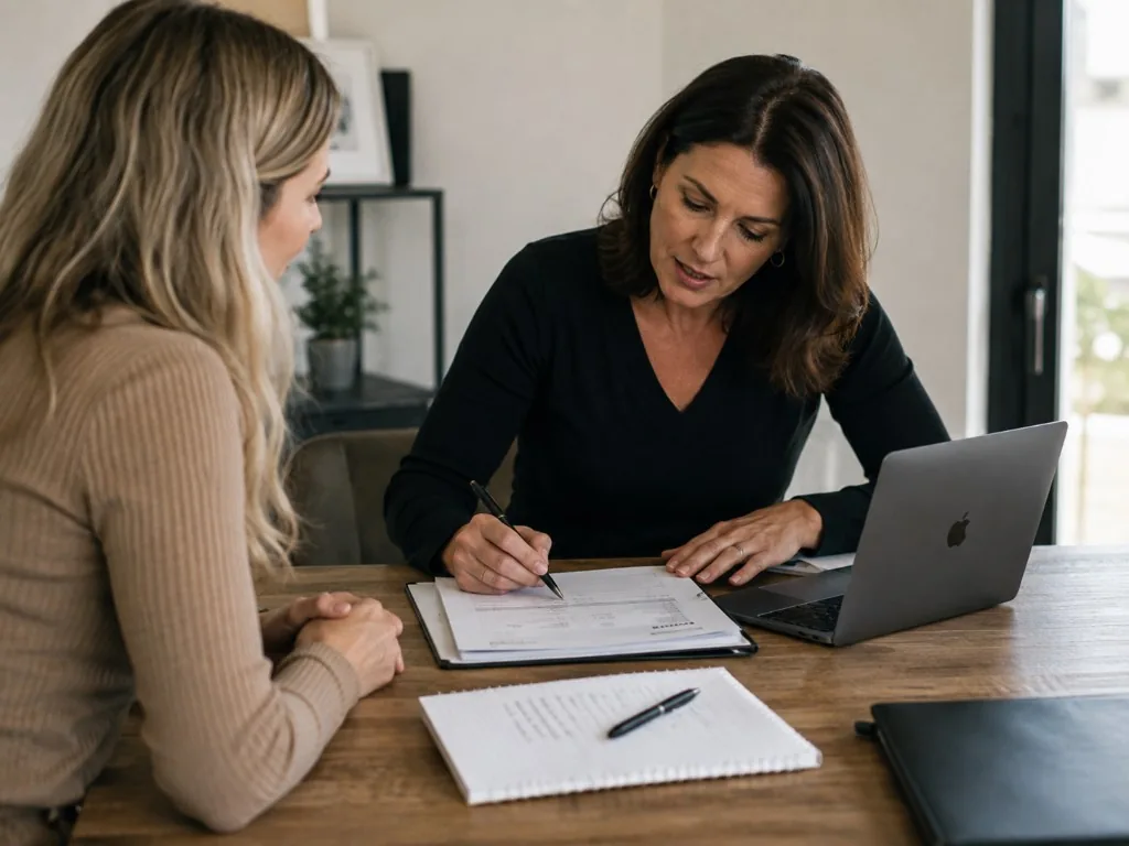 Business coach preparing client invoice and bookkeeping records Business coach preparing a client invoice and bookkeeping records during a coaching session.