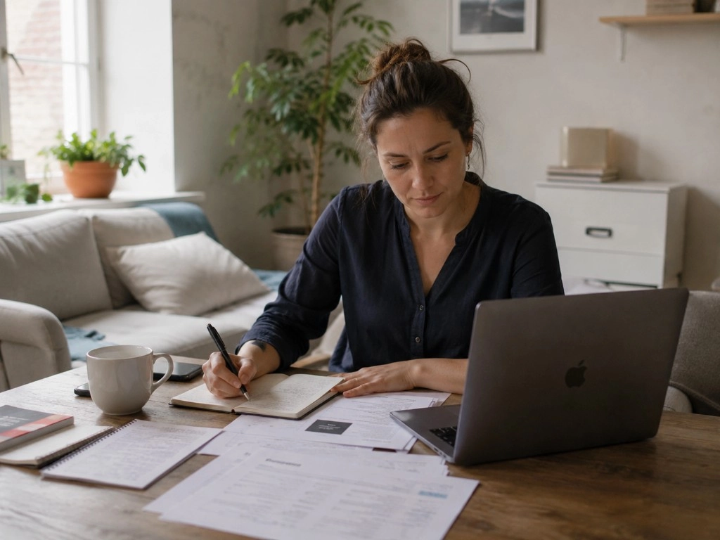 Independent consultant working from a home office using bookkeeping software to organize client expenses and financial records.