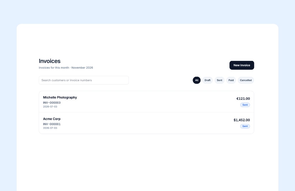 TapBooks invoice list showing sent and paid status for recent invoices