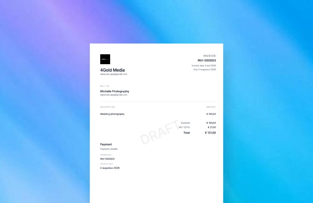 TapBooks invoice PDF preview with clean layout ready to send to a client